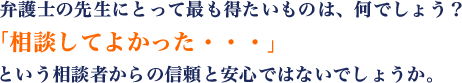 弁護士の先生にとって最も得たいものは、何でしょう？「相談してよかった・・・」という相談者からの信頼と安心ではないでしょうか。