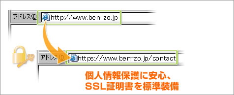 個人情報保護に安心、SSL証明書を標準装備